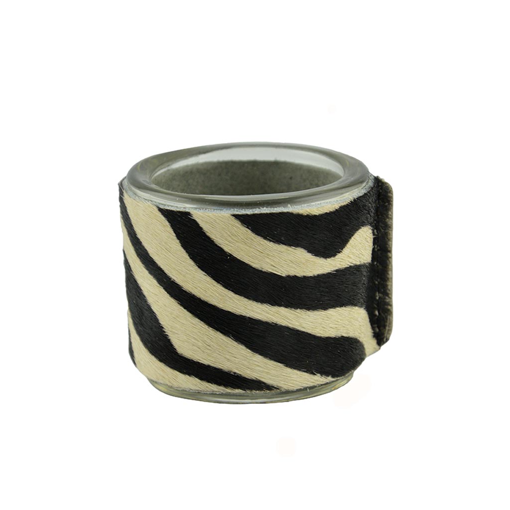 waxinelichthouder glas met leer/vacht zebra print | www.handigcadeau.nl